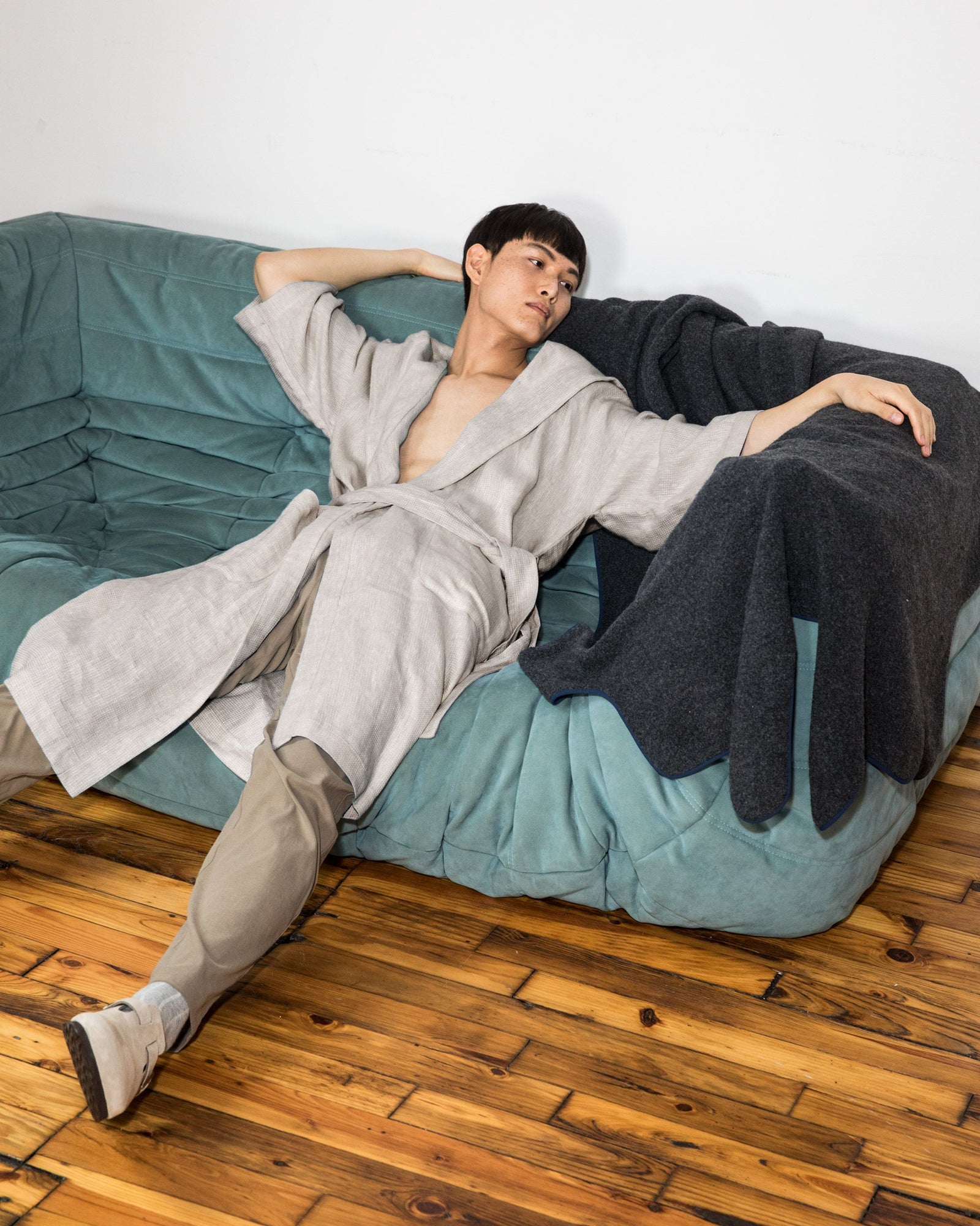 Grid Linen Bathrobe