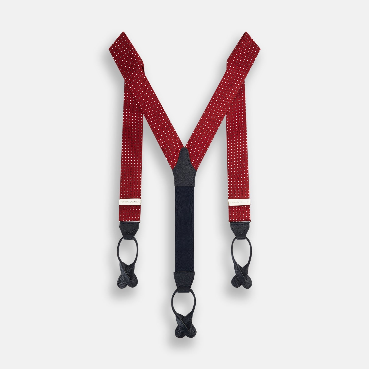 And White Small Spot Adjustable Silk And Navy Leather Braces