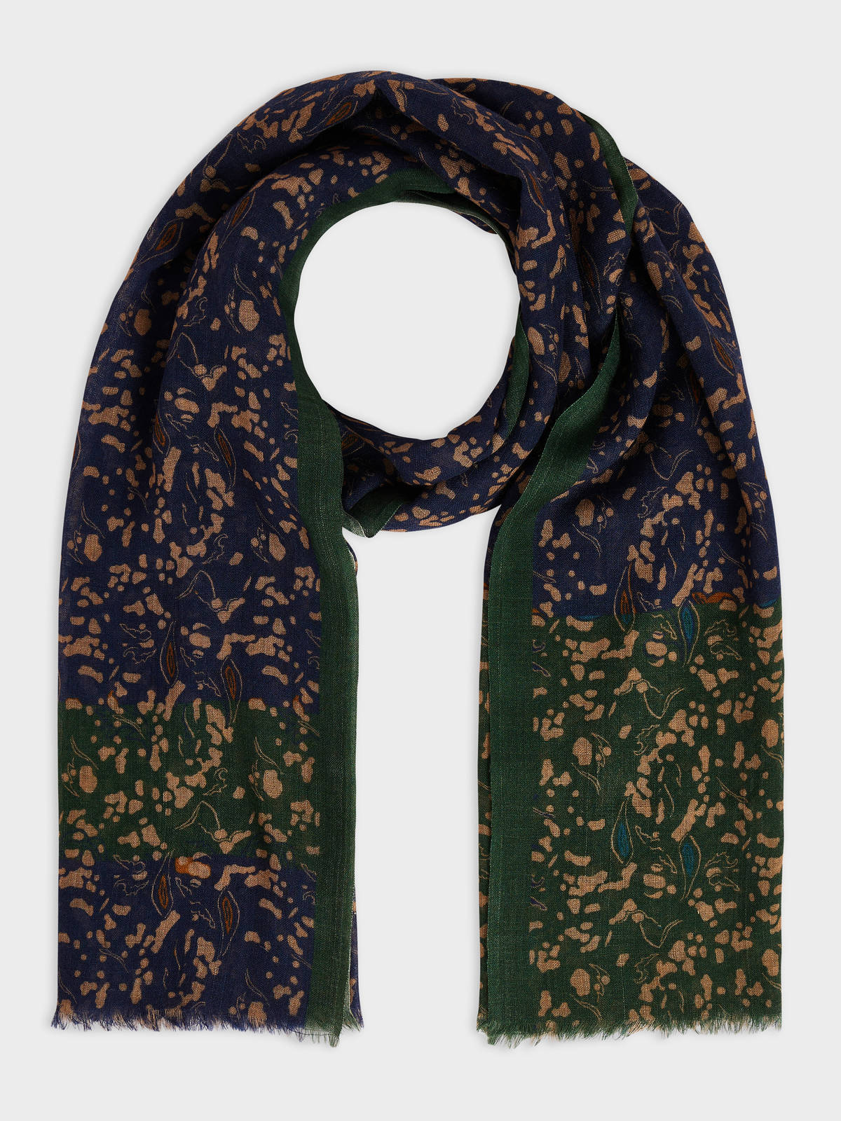 Echarpe En Laine M Rinos Bleu Indigo Motif Kaki Et Beige