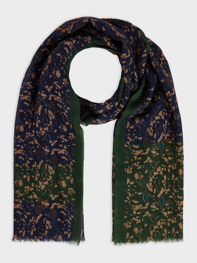 Echarpe en laine Mérinos bleu indigo à motif kaki et beige