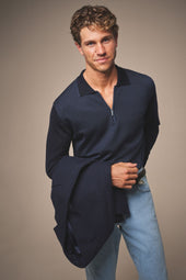 Chevron Quarter Zip Polo Wool And Silk Blue