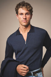 Chevron Quarter Zip Polo Wool And Silk Blue
