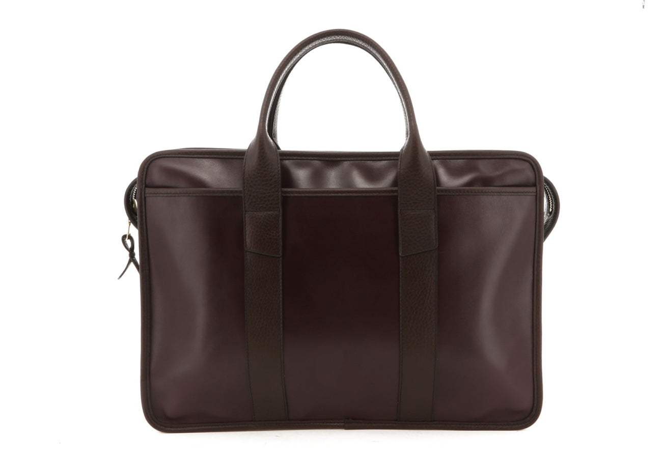 Bound Edge Zip-Top Briefcase - Eggplant/Brown Trim - Belting Leather