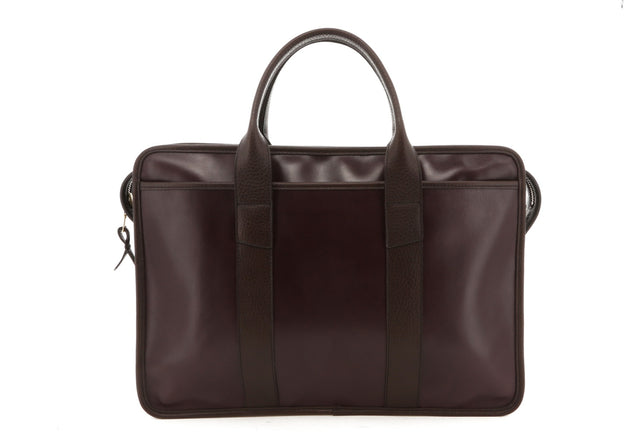 Bound Edge Zip-Top Briefcase - Eggplant/Brown Trim - Belting Leather