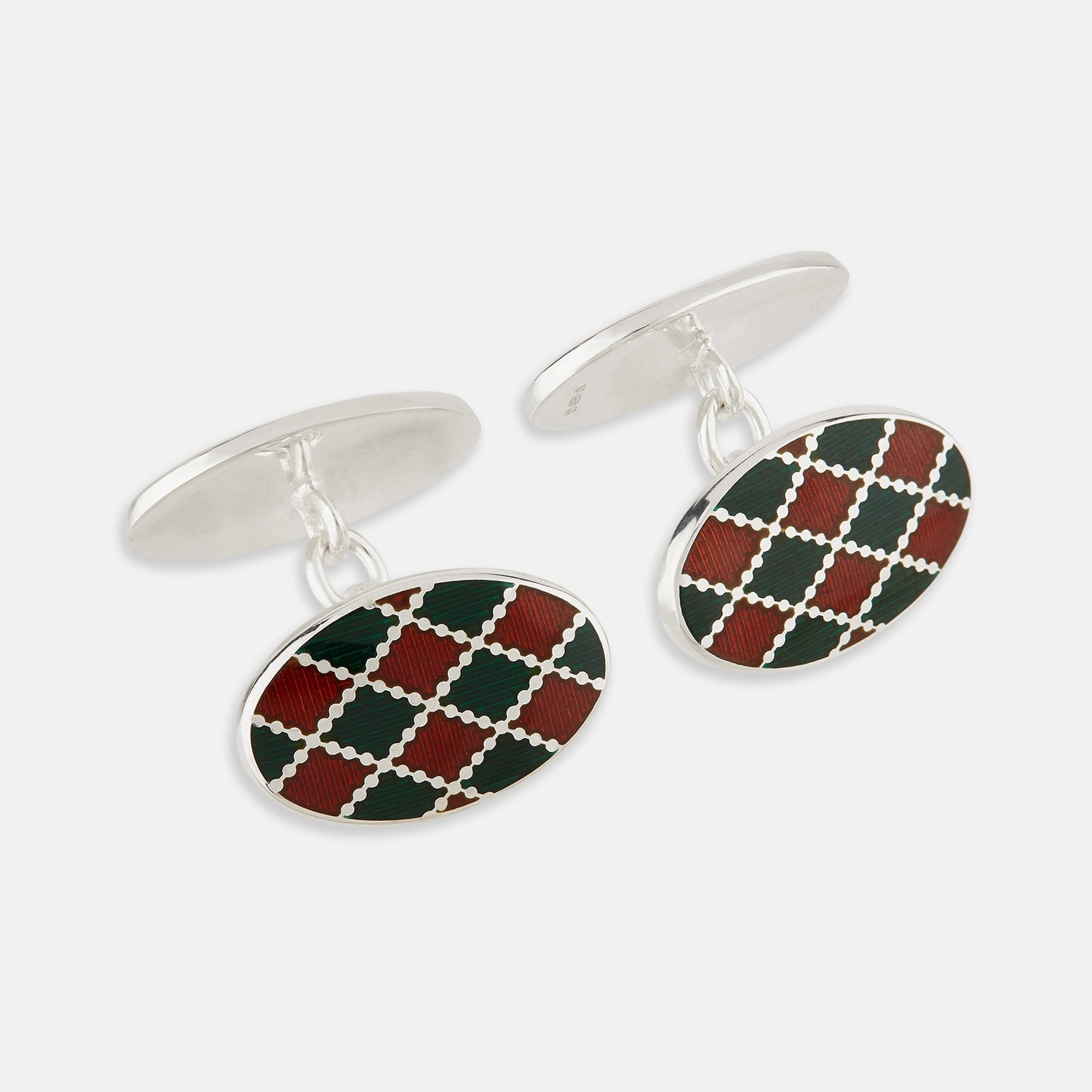 Green And Burgundy Checkered Oval Enamel Chain Cufflinks