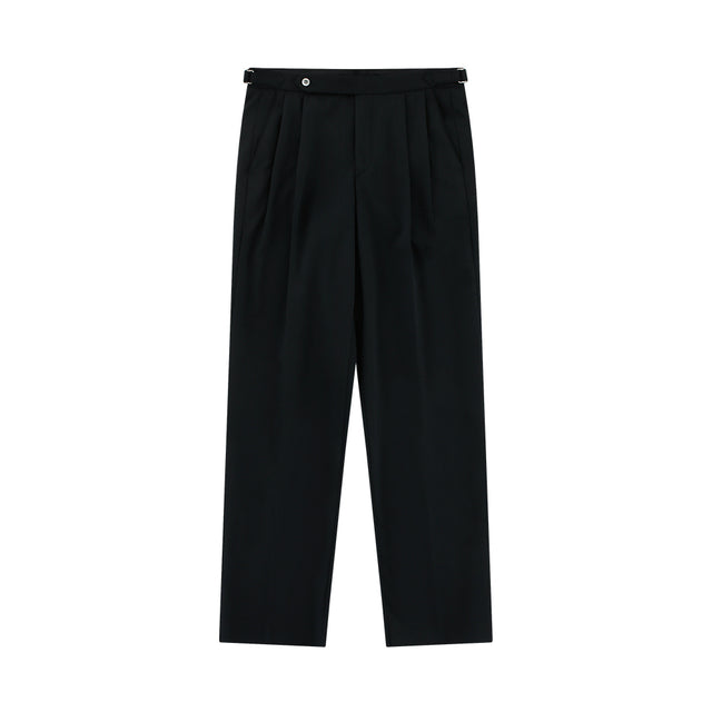 Wool worsted adjust 2Pleats relaxed Trousers (Black)