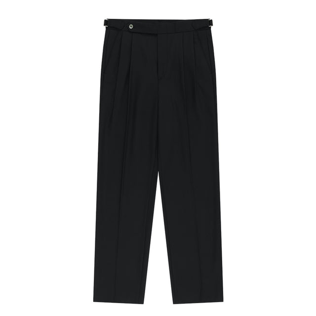 Wool Gabardine adjust Double-Pleated relaxed Trouser (Black)