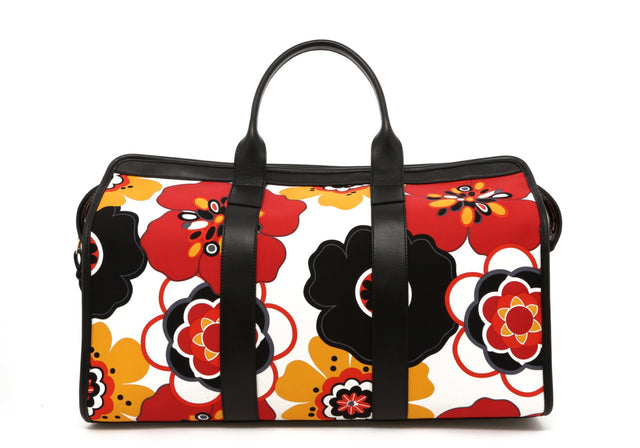 Signature Travel Duffle - Flower Pattern Canvas/Black Trim - Red Interior
