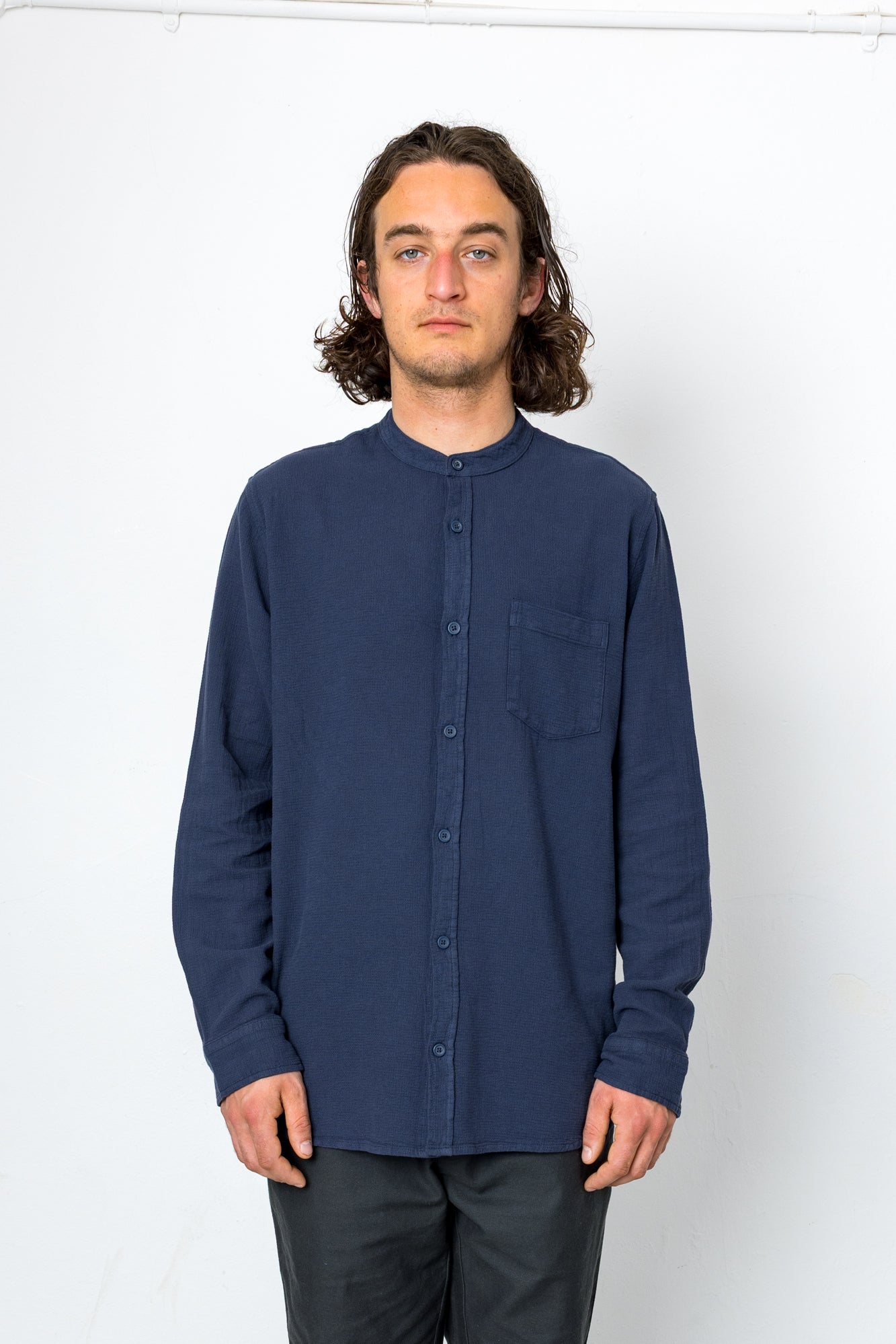 Bright Long Sleeve Grandad Shirt - Navy