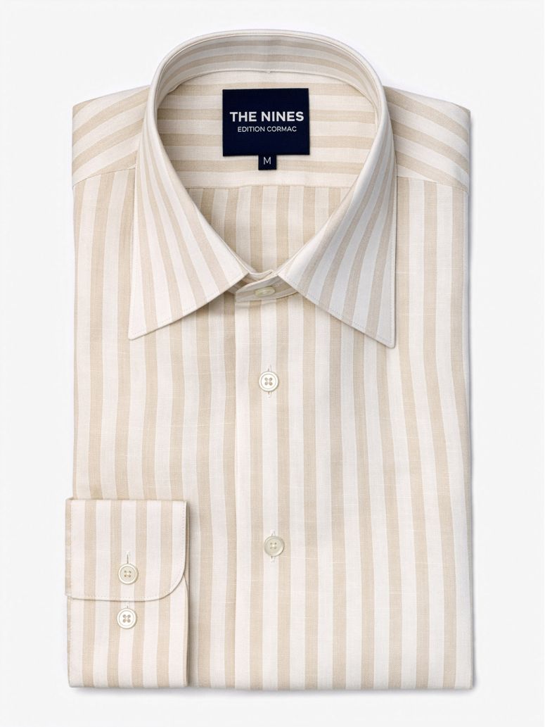 French Collar Linen Shirt With Beige Stripes