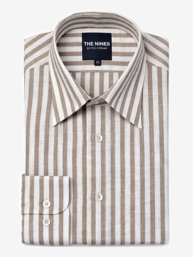 French Collar Linen Shirt with Brown Stripes