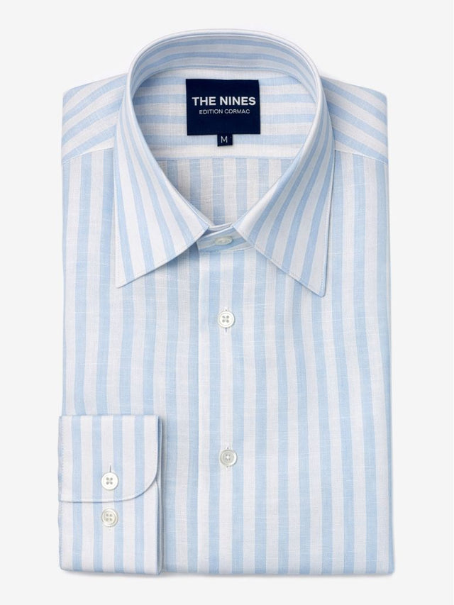 French Collar Linen Shirt with Sky Blue Stripes