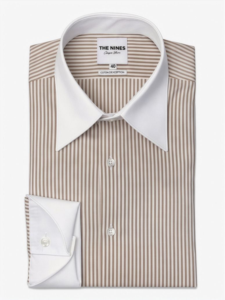French Collar Shirt With Fine Beige Stripes