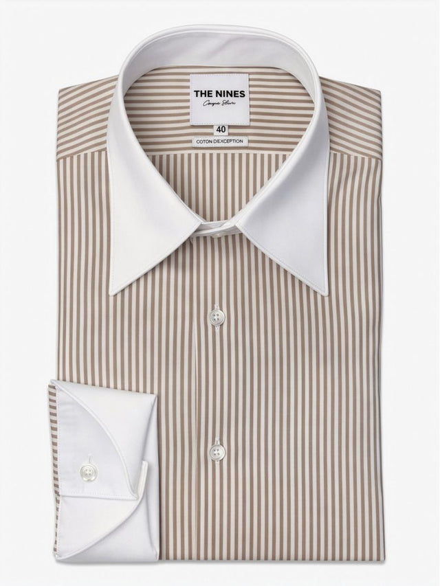 French Collar Shirt with Fine Beige Stripes
