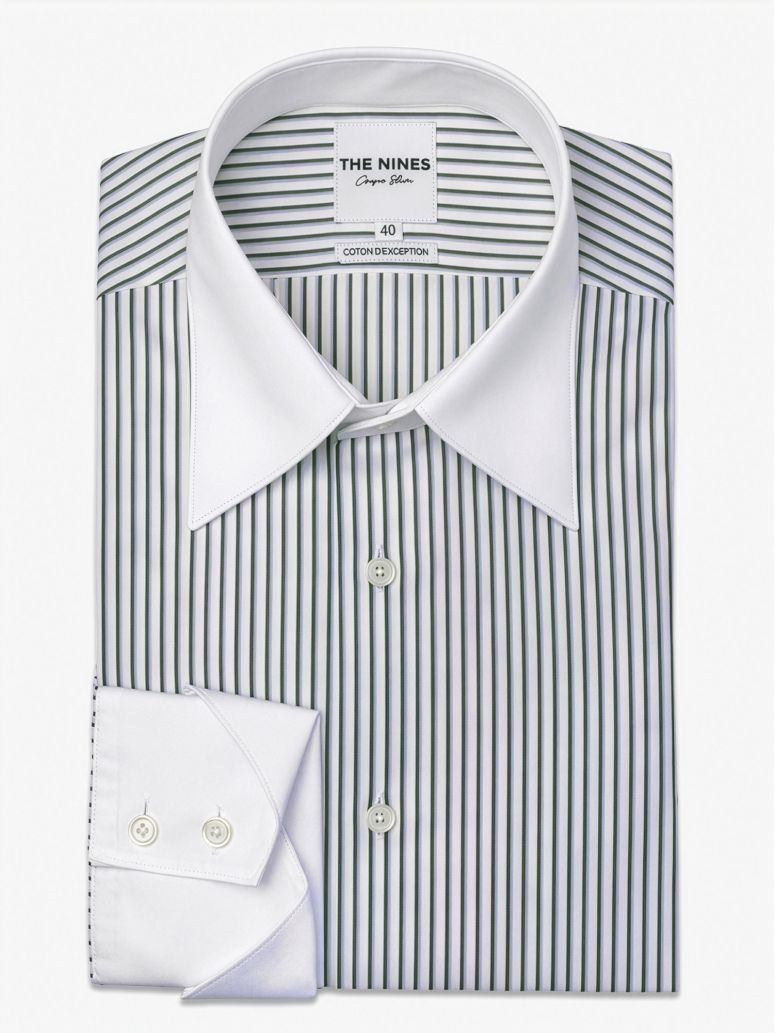 French Collar Shirt With Fine Green And Sky Blue Stripes