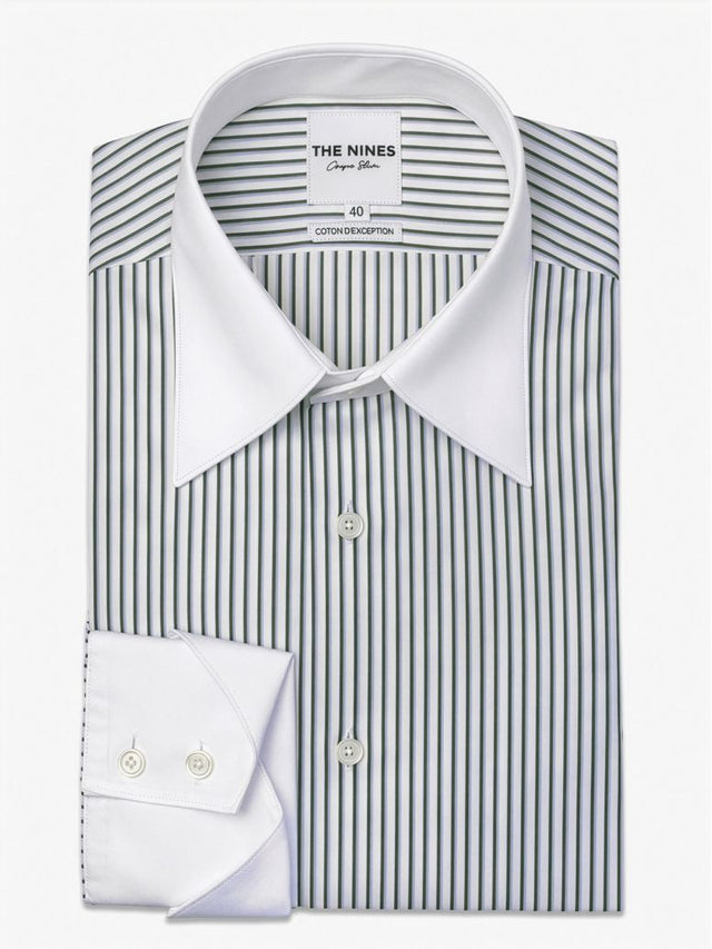 French Collar Shirt with Fine Green and Sky Blue Stripes