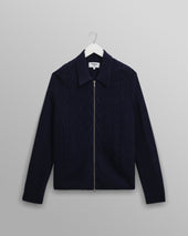 Friar - Navy Brush Cable Knit Zip Cardigan