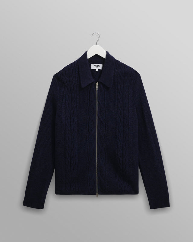Friar - Navy Brush Cable Knit Zip Cardigan