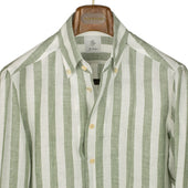 Green wide stripe linen shirt, Anacapri buttoned one-piece collar (restock)