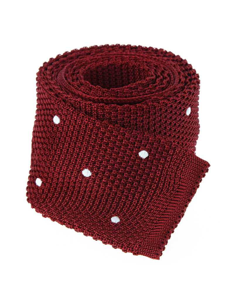 Garnet Red Knit Tie With White Polka Dots