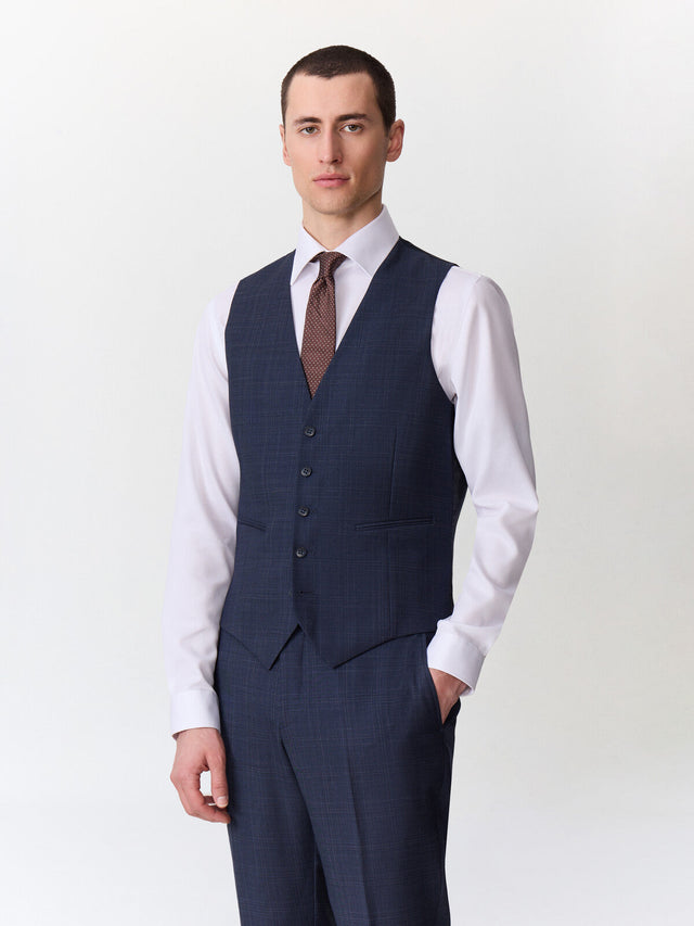 Gilet de costume en laine bleu marine Prince de Galles