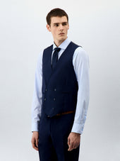 Gilet de costume croisé en laine bleu marine Prince de Galles