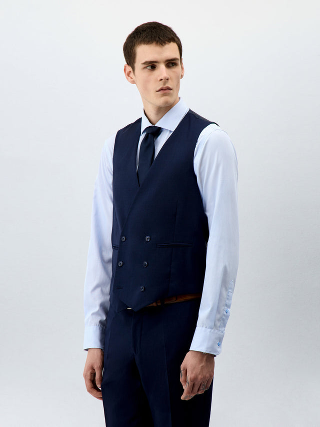 Gilet de costume croisé en laine bleu marine Prince de Galles