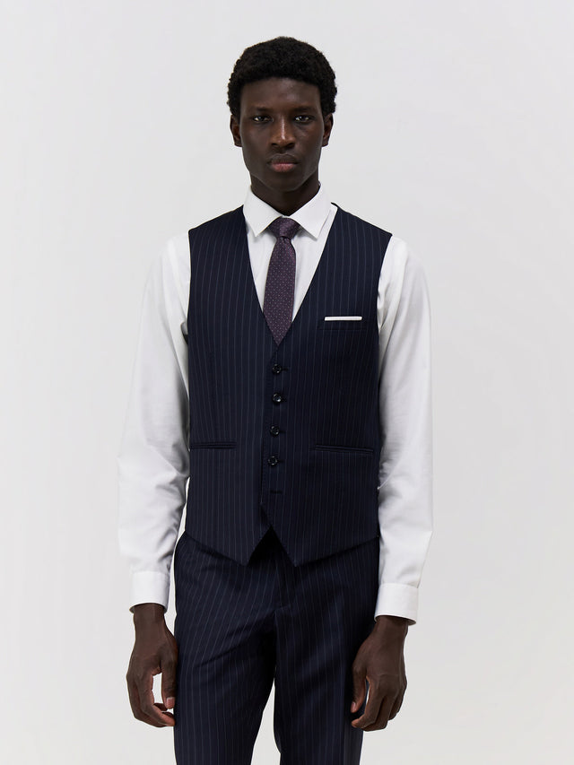 Gilet de costume en laine bleu marine à rayures
