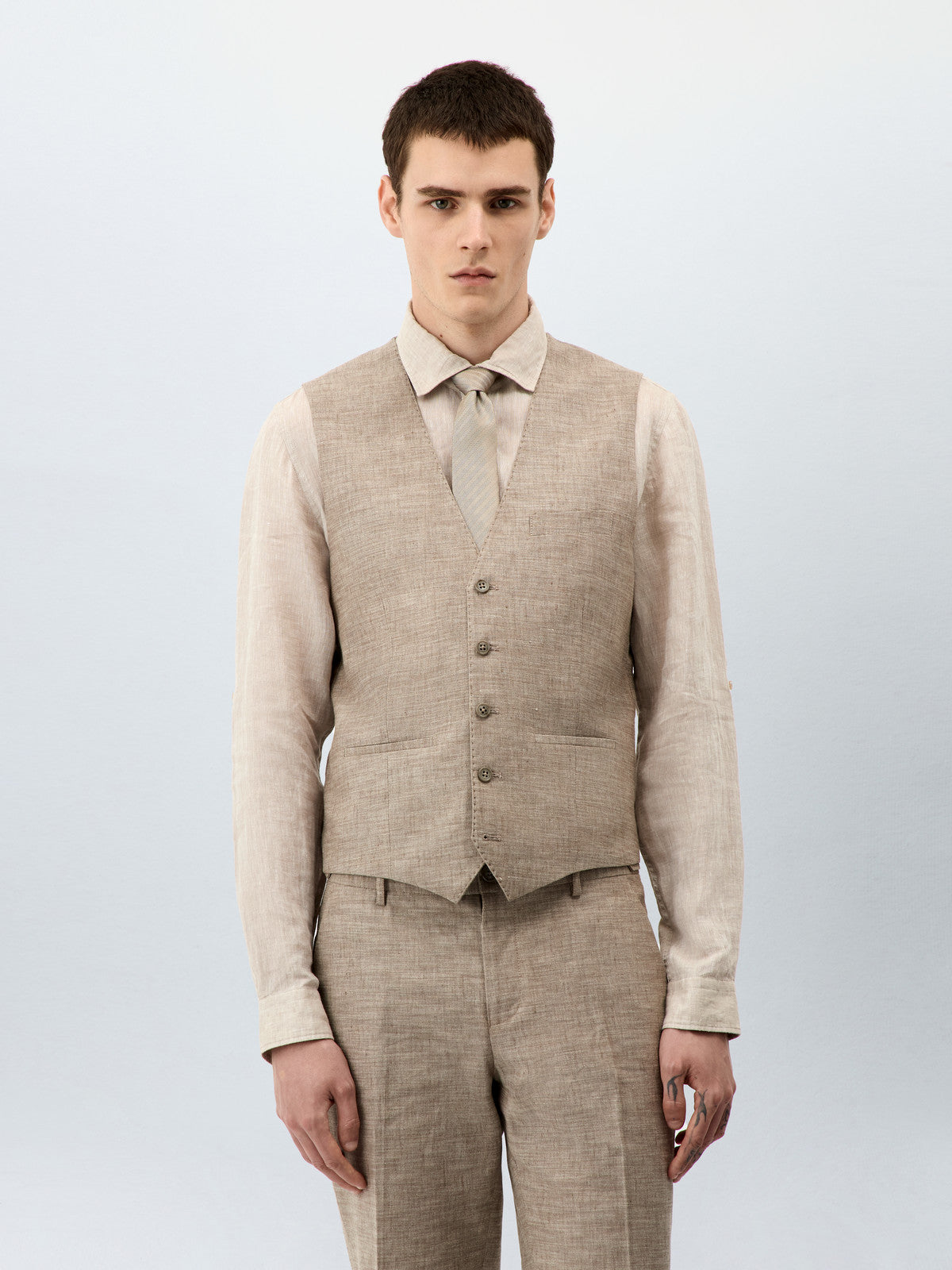 Gilet De Costume En Coton Et Lin Beiges