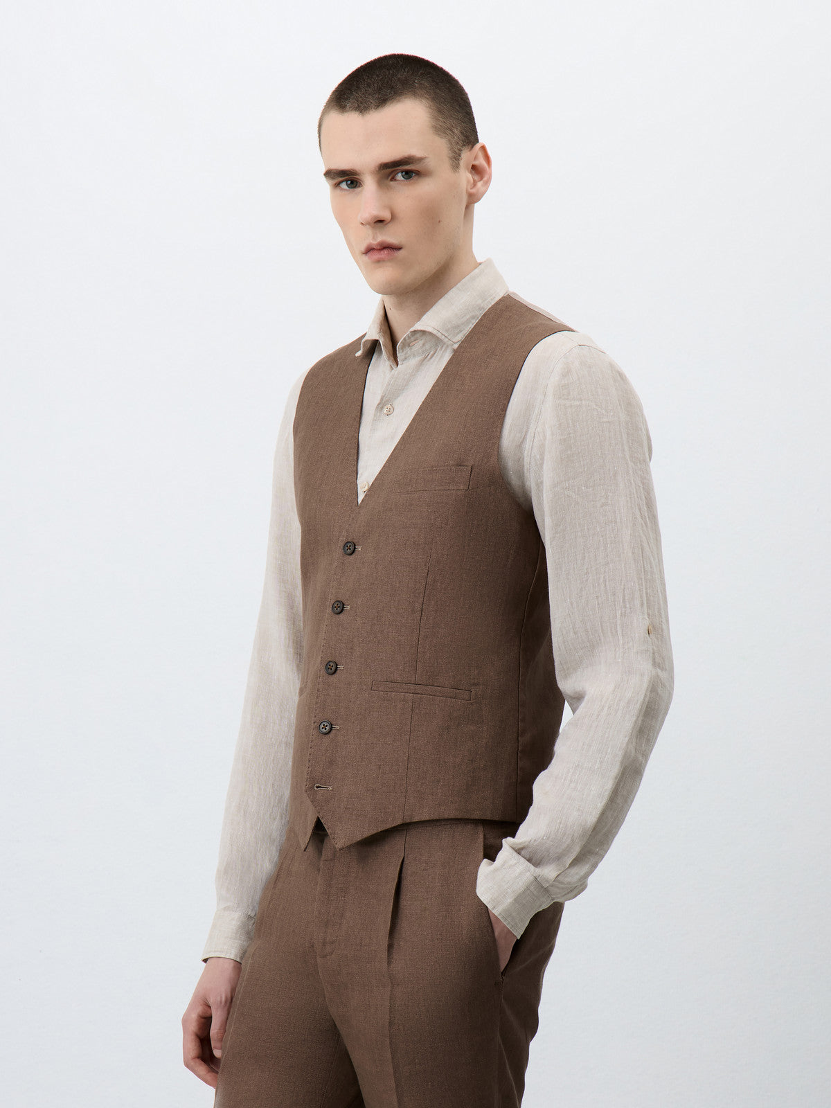 Gilet De Costume En Lin Marron