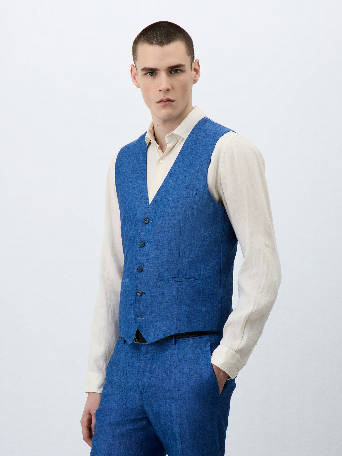 Gilet De Costume En Lin Bleu Indigo