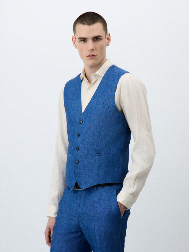 Gilet de costume en lin bleu indigo