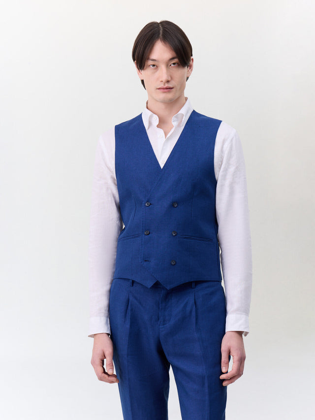 Gilet de costume croisé en lin bleu indigo
