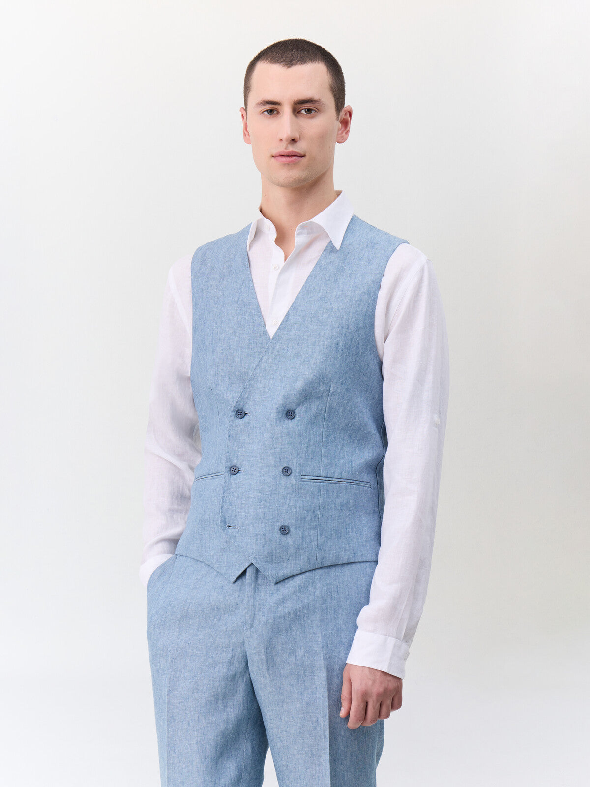 Gilet De Costume Crois En Lin Bleu Jeans