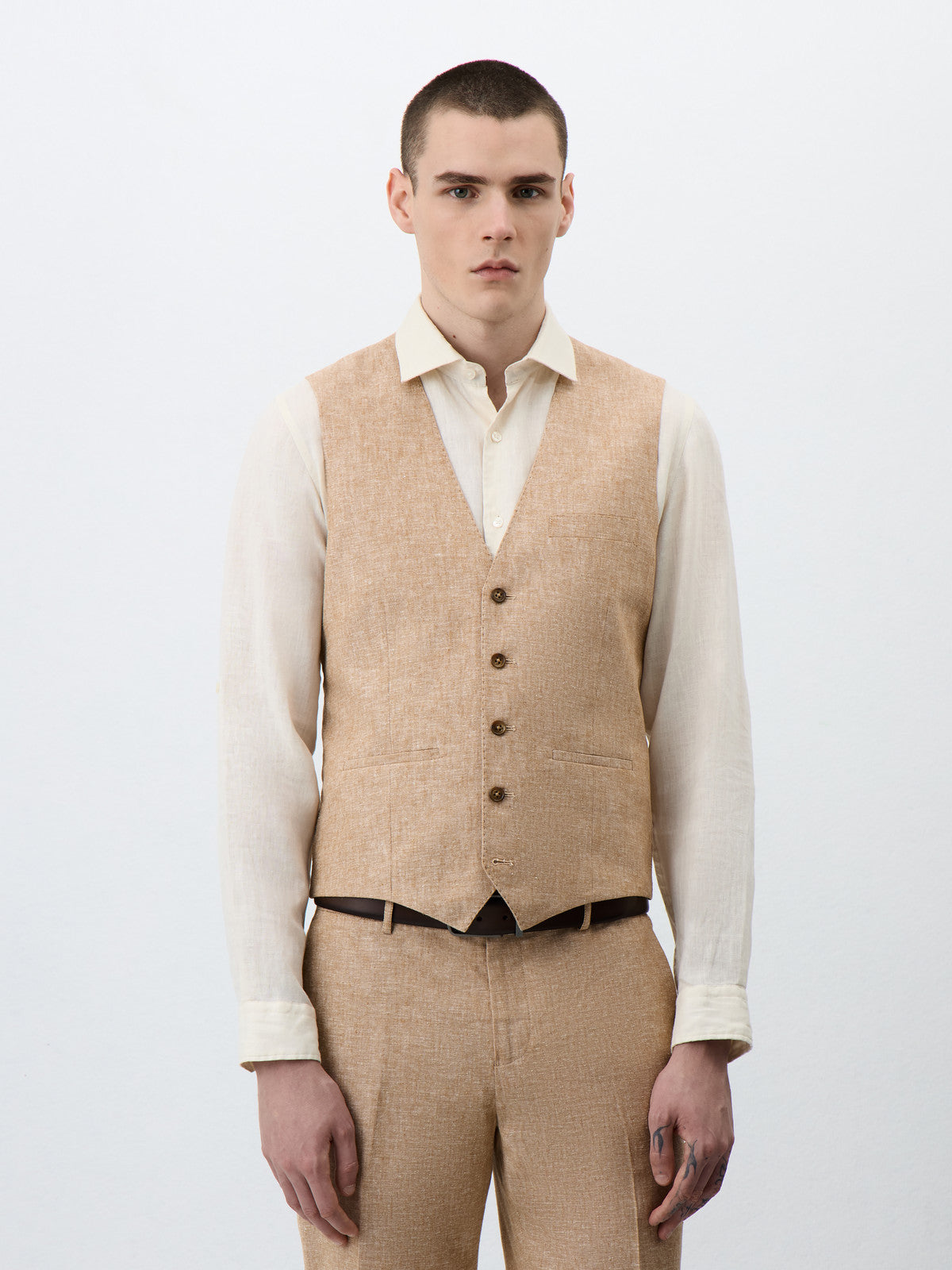 Gilet De Costume En Lin Et Coton Beige Clair