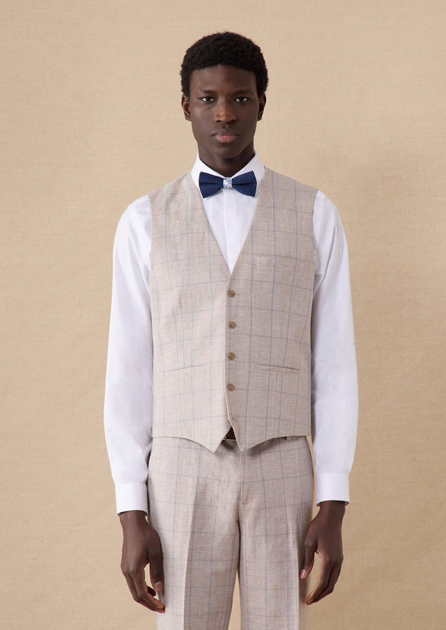 Gilet casual en lin et coton beiges Prince de Galles