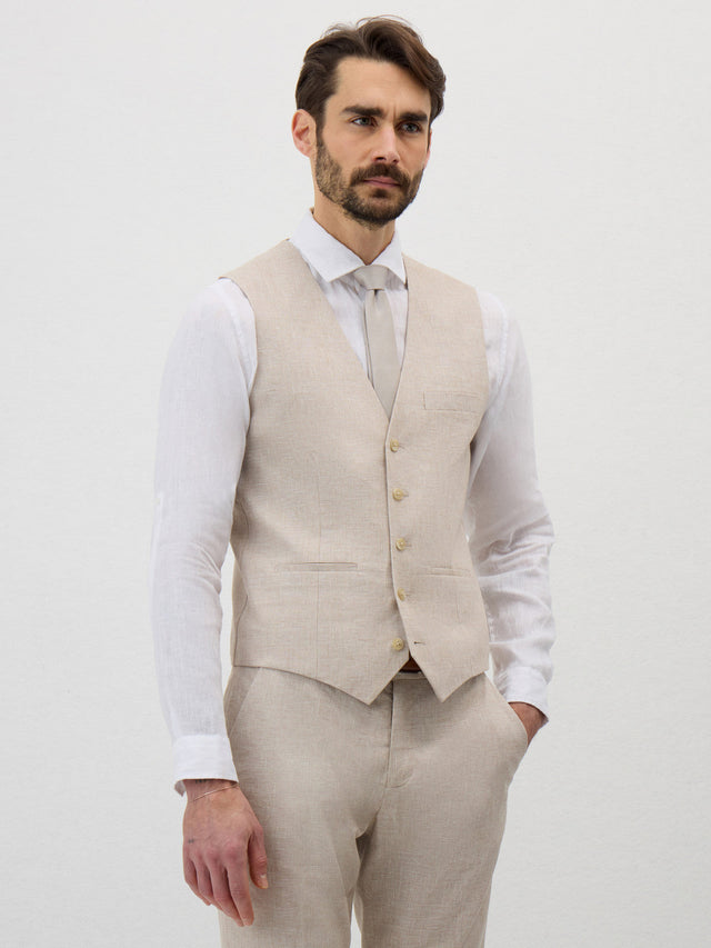 Gilet de costume en lin et coton beige clair Prince de Galles
