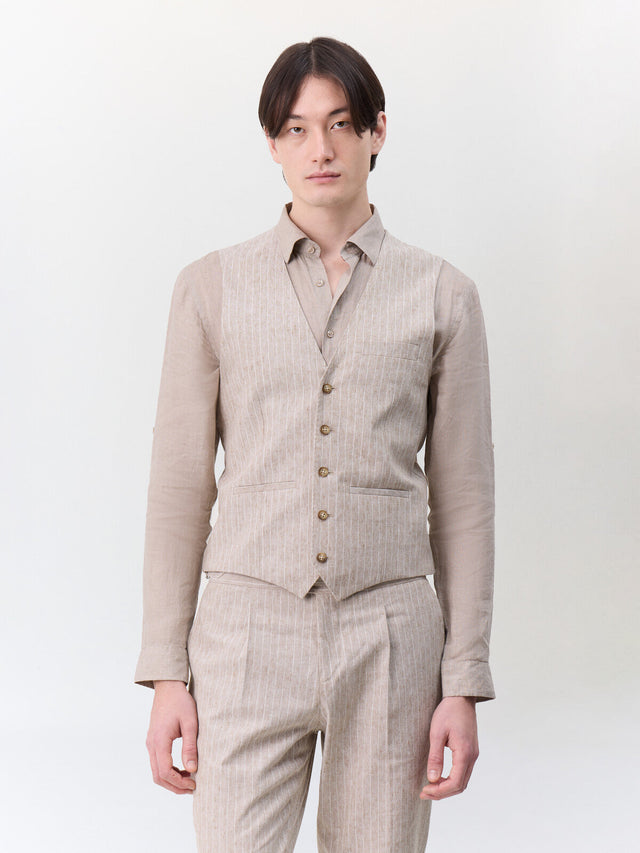 Gilet de costume en lin et coton marron clair à rayures