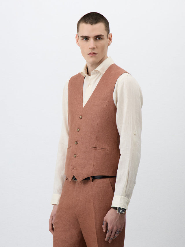 Gilet de costume en lin terracotta
