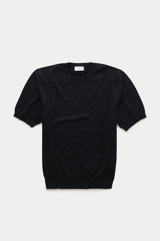 Short Sleeve Linen Cotton Knitted Crewneck Black