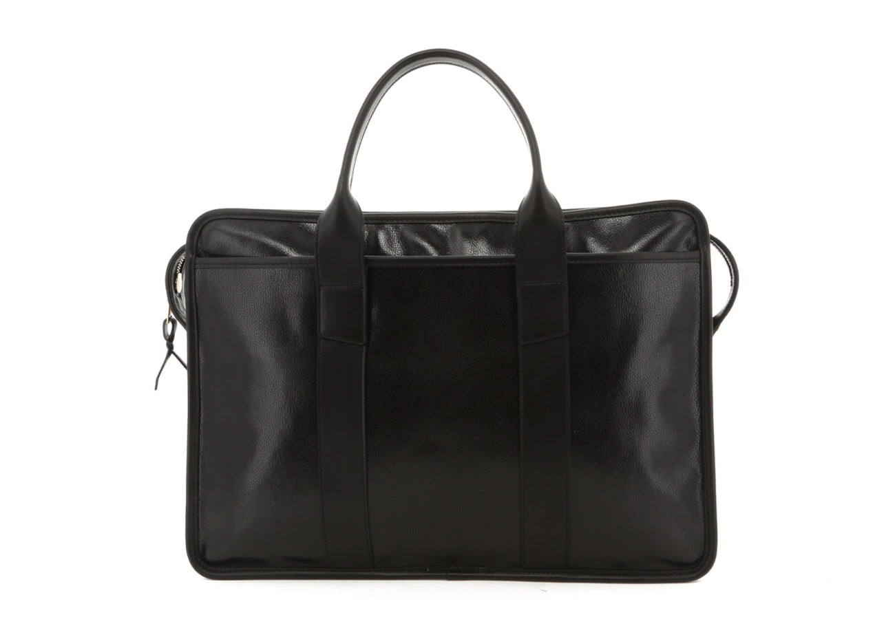 Bound Edge Zip-Top Briefcase - Glossy Black/Black- Goatskin