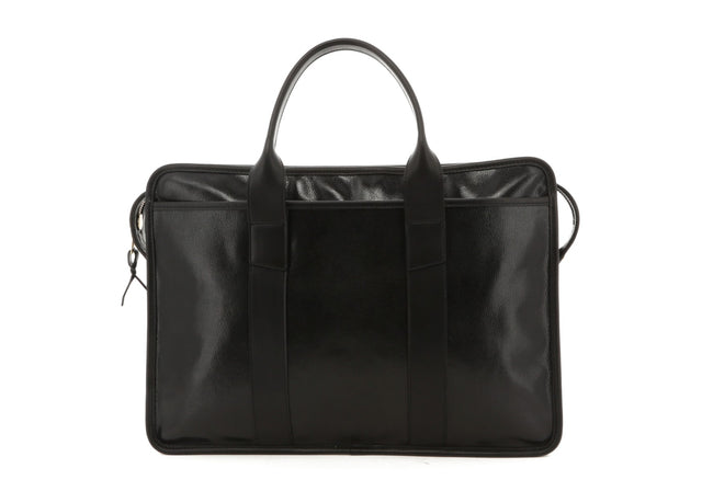 Bound Edge Zip-Top Briefcase - Glossy Black/Black- Goatskin