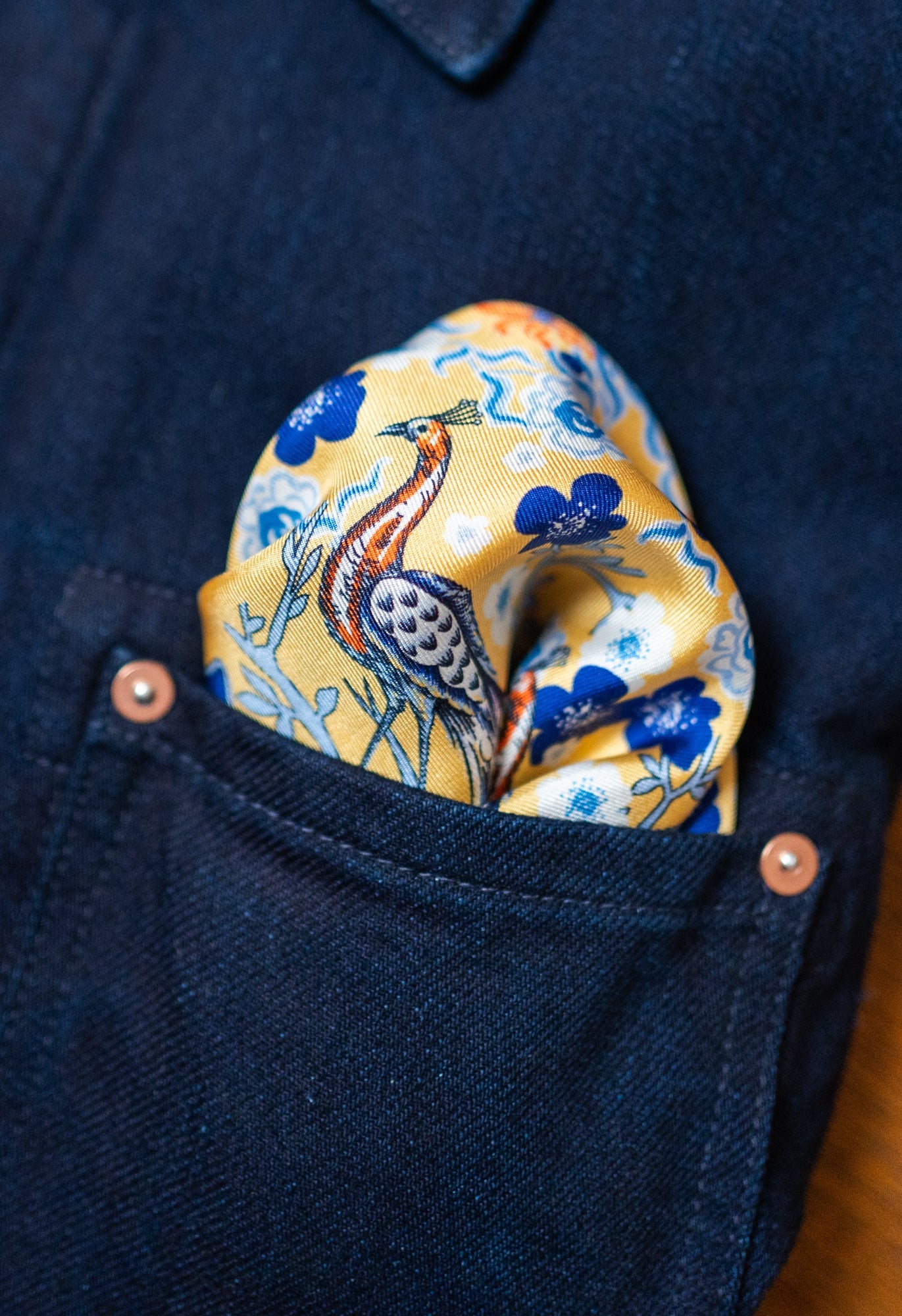Gold and Navy Peacocks Silk Pocket Square