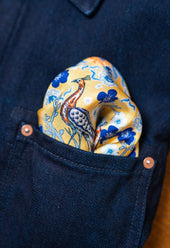 Gold and Navy Peacocks Silk Pocket Square
