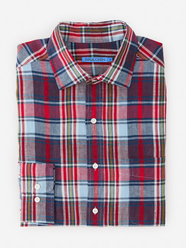Red/Blue/White Plaid Gramercy Classic Fit Linen Shirt | Men's Shirts | J.McLaughlin