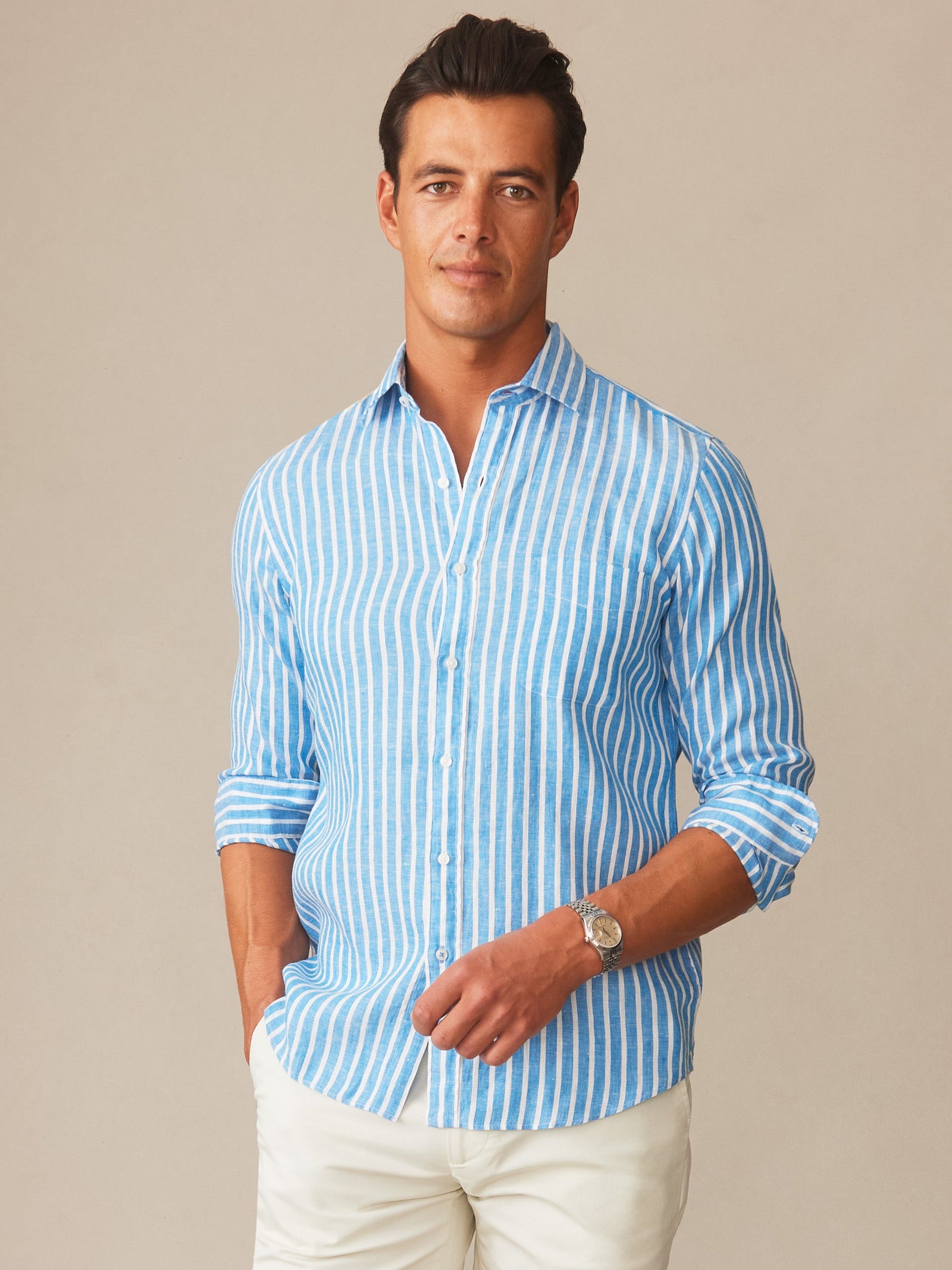 White Dobby Stripe Gramercy Linen Shirt Men S Shirts J Mclaughlin