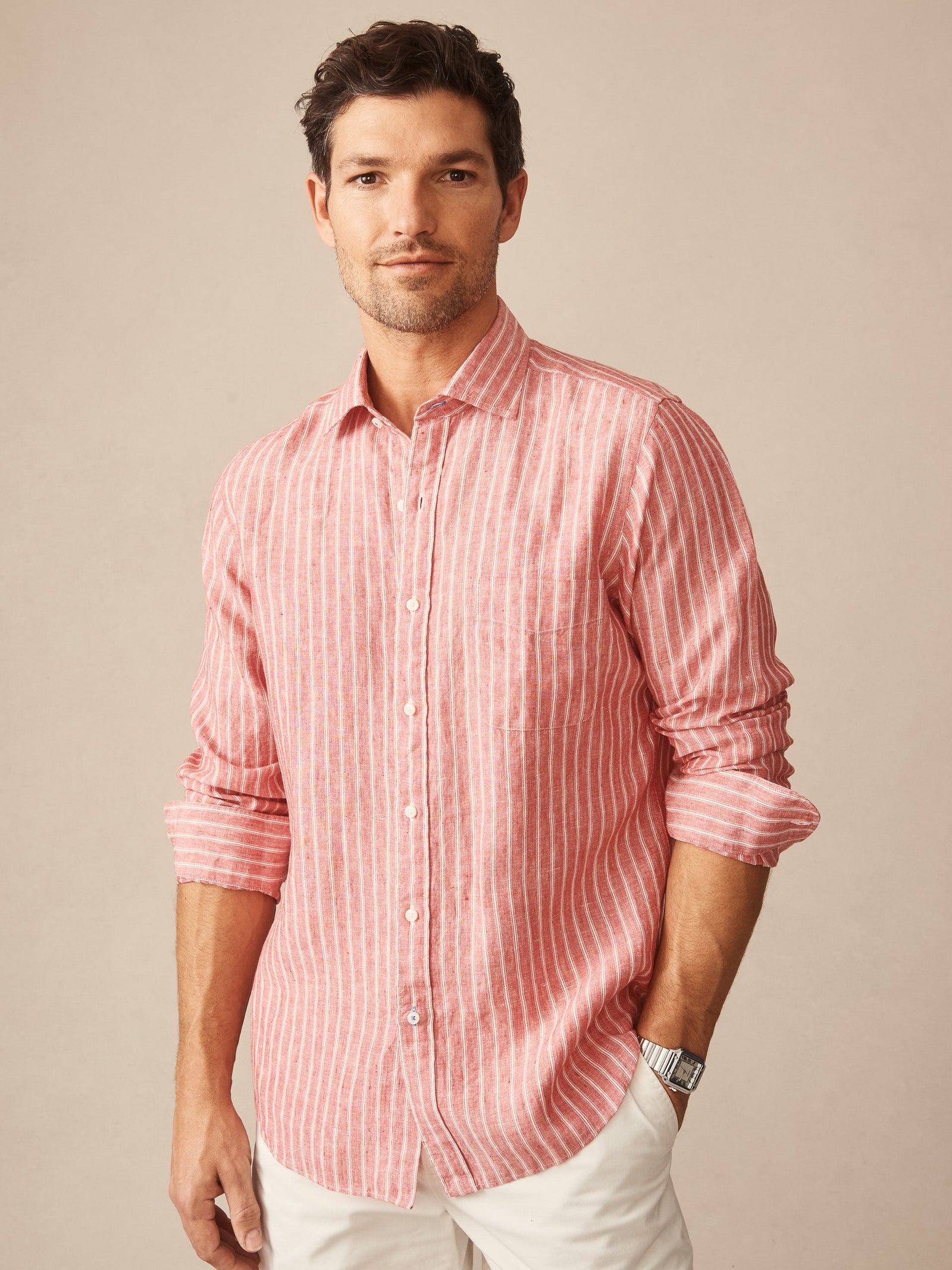 Red White Varigated Stripe Gramercy Linen Shirt Men S Shirts J Mclaughlin
