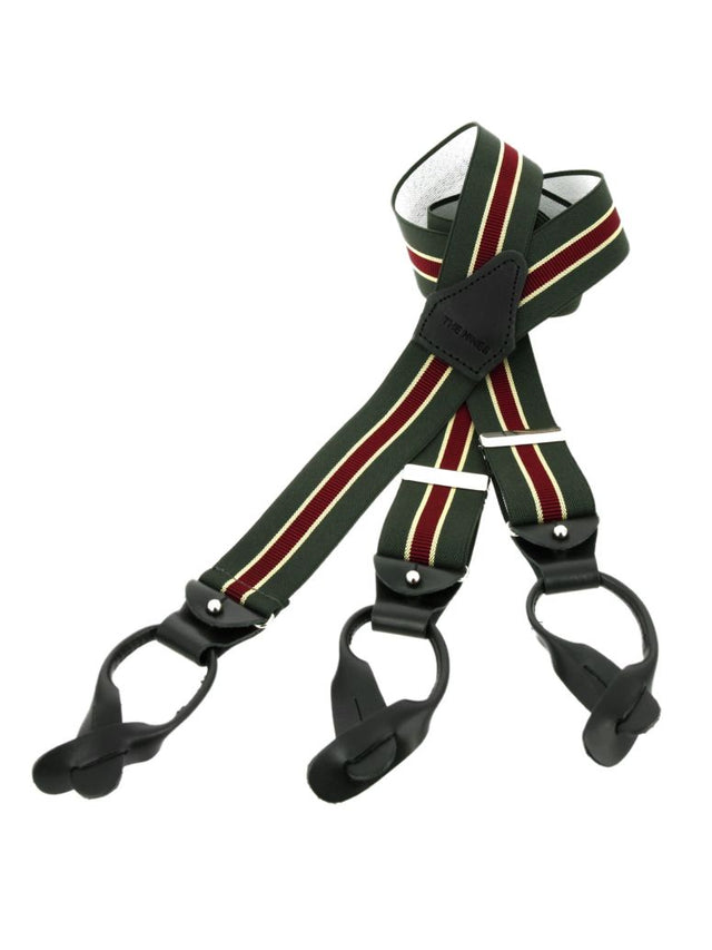 Green and burgundy striped button suspenders for men