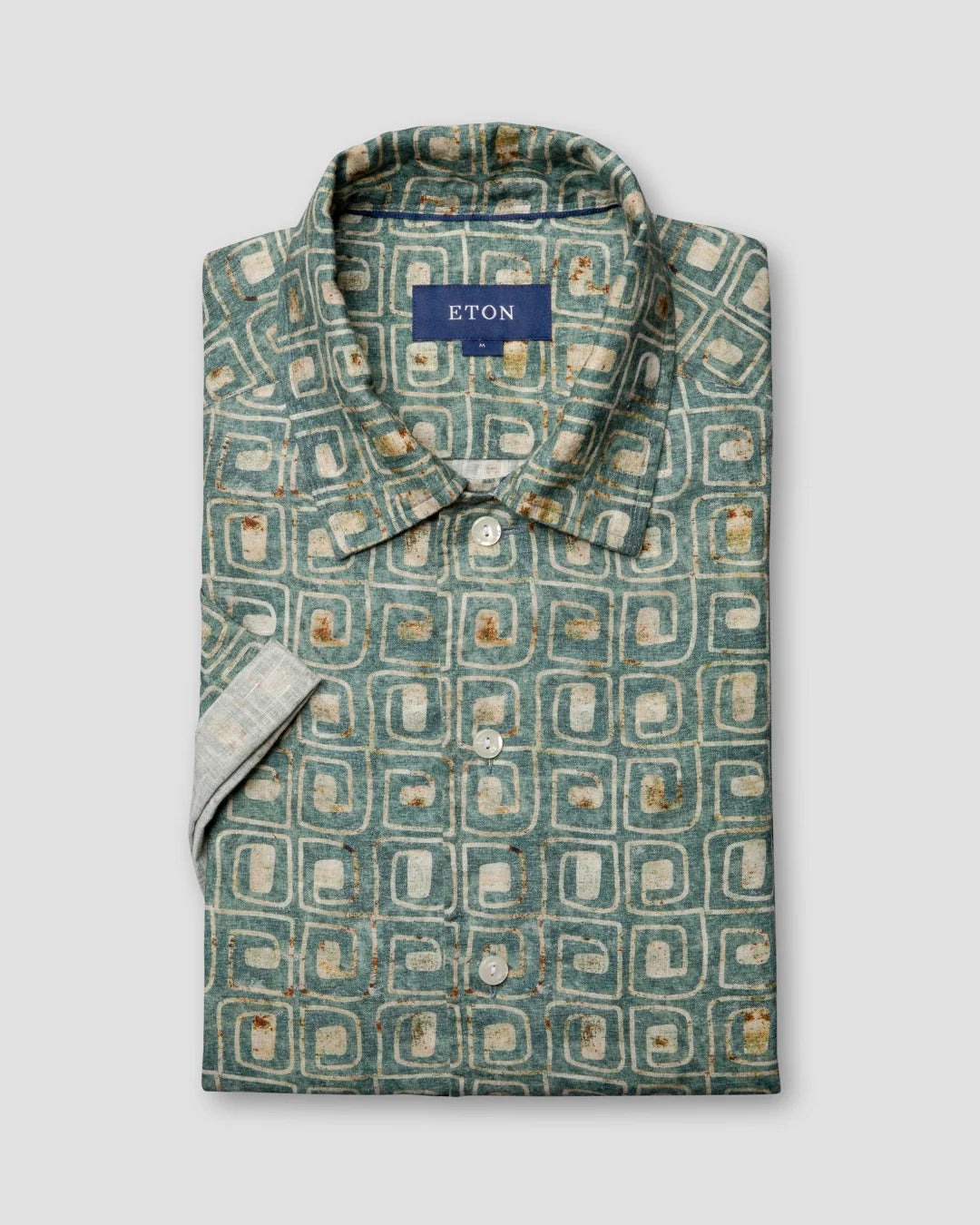 Green Block Print Linen Resort Shirt Eton