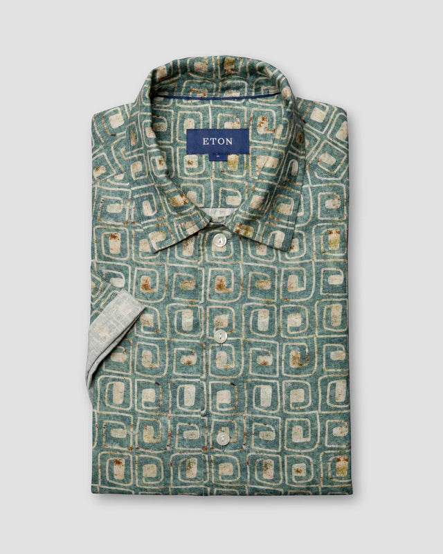 Grünes Resort-Hemd aus Leinen mit Block-Print - Eton